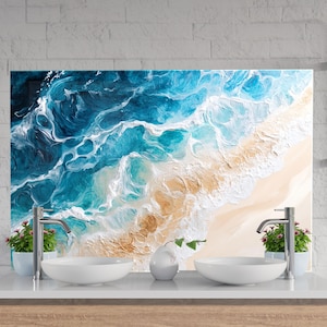 Tempered Glass Kitchen Backsplash, Sea View Backsplash, Stove Backsplash for Kitchen Splashback for Stove Back Cover, Sea Wave Backsplash