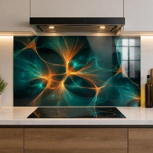 Teal Orange Abstract Glass Backsplash, Light Wave Vanity Glass Splashback Panel, Dark Green Sink Back Panel