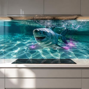 May include: A rectangular kitchen splashback panel featuring a high-resolution underwater photograph of a great white shark swimming in clear turquoise water with sunlight refracting on the sandy ocean floor and glowing pink light accents.