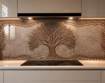 Tree of Life Tempered Glass Backsplash, Copper Look Botanical Relief Effect, Rustic Bronze Kitchen Splashback Panel
