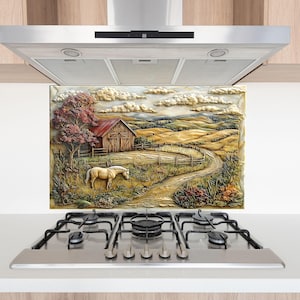 Farm View Tempered Glass Stove Backsplash: Kitchen Landscape