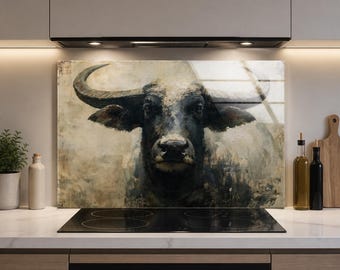Water Buffalo Tempered Glass Backsplash, Rustic Black and White Cattle Portrait, Neutral Farmhouse Kitchen Splashback
