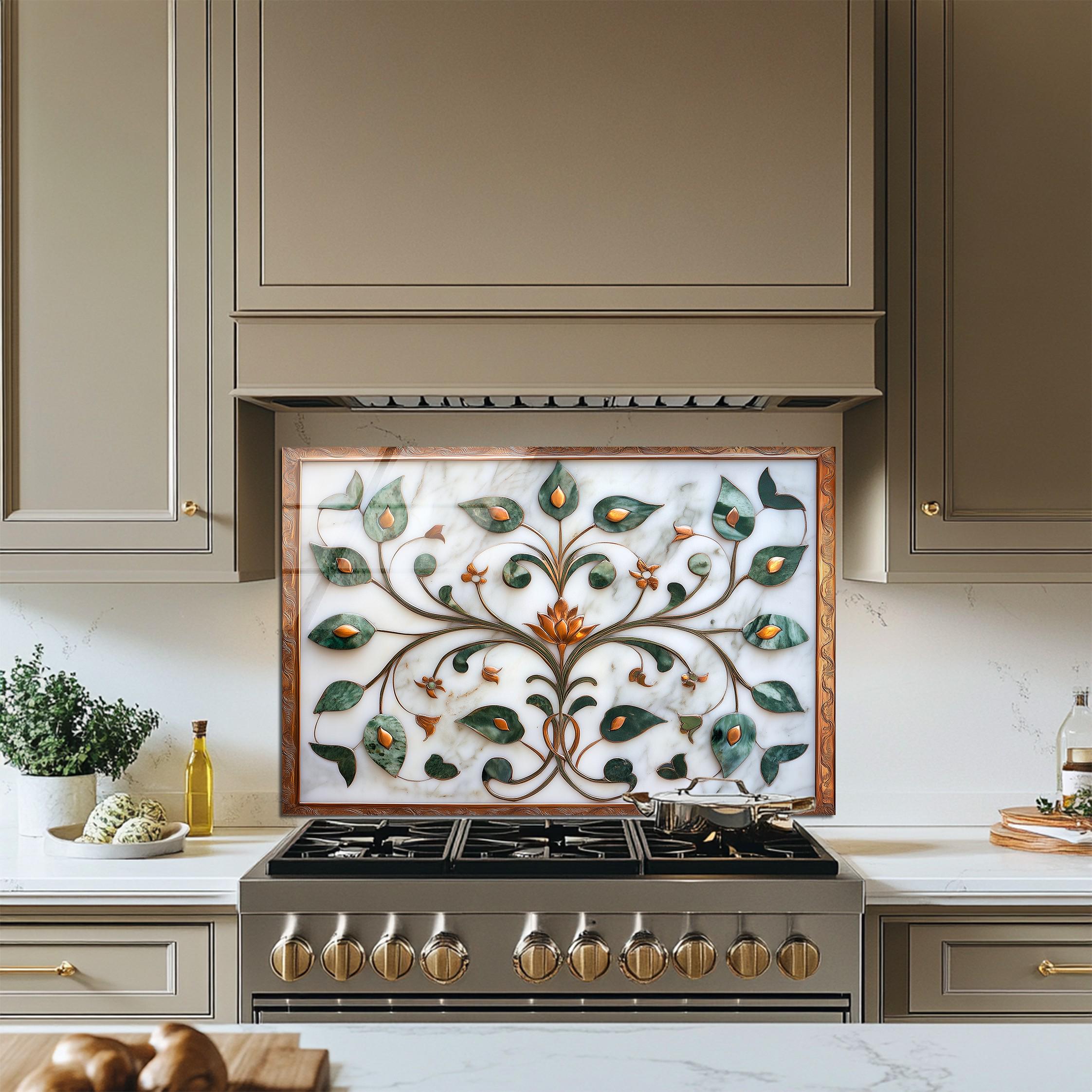 Leaf Pattern Splashback Elegant Floral Glass Backsplash – Green Leaf Botanical Design With ...