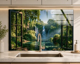 Tropical Waterfall Tempered Glass Backsplash, Open Window Jungle Lagoon View, Green Nature Kitchen Splashback Panel
