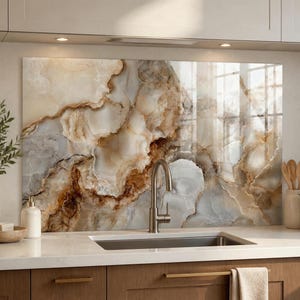 May include: A rectangular kitchen splashback panel featuring a high-gloss finish with a swirling, marbled pattern in shades of cream, beige, white, and deep brown, installed behind a stainless steel tap and a kitchen sink.