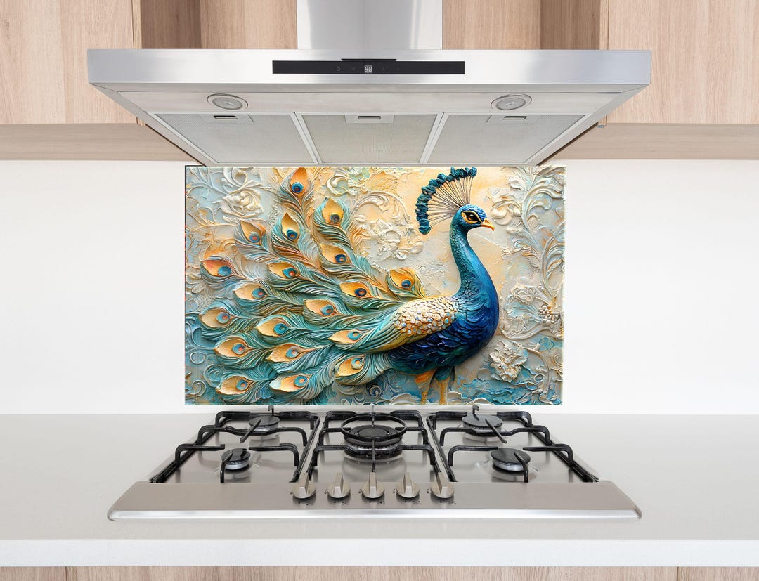 Tempered Glass Peacock Backsplash: Stained Mosaic Stove Cover - Etsy