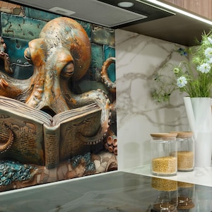 Octopus glazen achterwand, spatscherm keuken gehard glas voor kachelmuur, grillige Sea Life boekkunst, eenvoudig schoon te maken