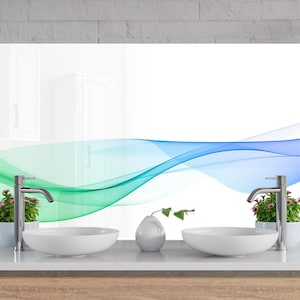 Tempered Glass Kitchen Backsplash, Wave Backsplash, Blue Wave Stove Backsplash for Kitchen Splashback for Stove Back Cover, Wavy Backsplash