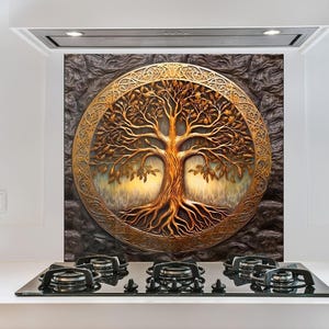 Baum des Lebens Glasrückwand, gehärtetes Glas Küchenrückwand, hinter dem Herd Wandschutz, rustikales Golddekor, leicht zu reinigen
