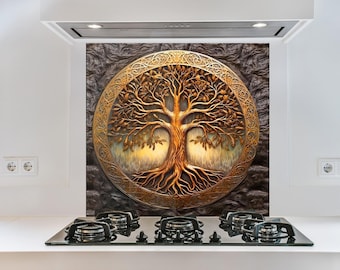 Tree of Life Glass Backsplash Panel, Tempered Glass Kitchen Splashback, Behind Stove Wall Protector, Rustic Gold Decor, Easy Clean
