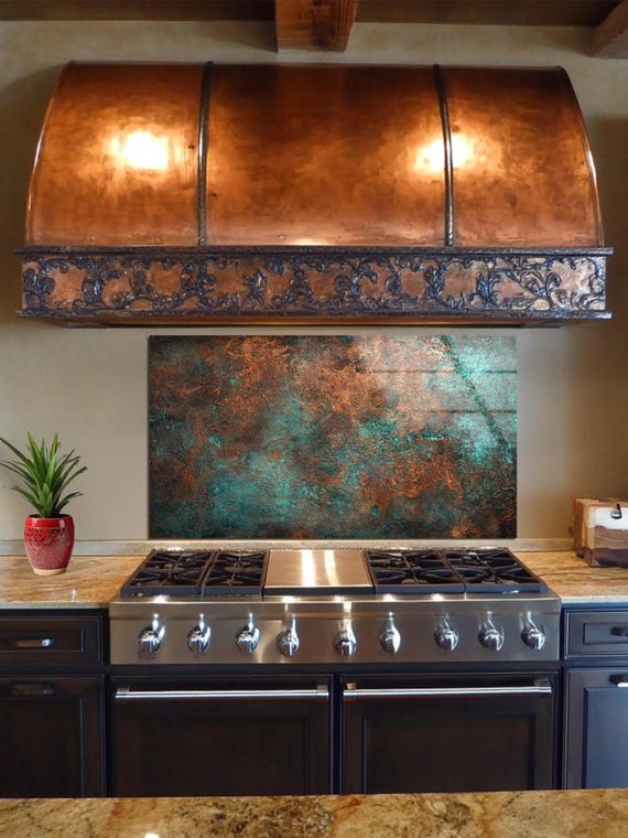 Abstract Rust & Teal Textured Glass Backsplash – Industrial Patina Design, Modern Metallic Tempered Glass Decor