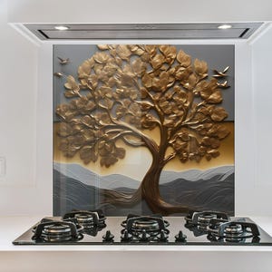 Tempered Glass Backsplash, Life of Tree Backsplash, Metal Backsplash for Golden Splashback for Stove Back Cover, Backsplash Behind Stove