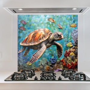 Sea Turtle Tempered Glass Backsplash: Mosaic Kitchen Decor