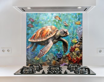 Sea Turtle Tempered Glass Backsplash: Mosaic Kitchen Decor