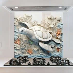 Panel de vidrio para salpicadero de tortuga marina, protector de cocina de vidrio templado, protector de pared con diseño costero oceánico para estufa o fregadero, fácil de limpiar