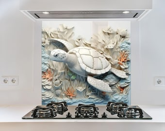 Sea Turtle Glass Backsplash Panel, Tempered Glass Kitchen Splashback, Coastal Ocean Wall Protector for Stove or Sink, Easy Clean