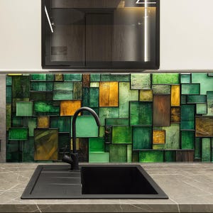 Tempered Glass Kitchen Backsplash, Green Stained Backsplash, Stove Backsplash for Kitchen Splashback for Stove Back Cover, Stained