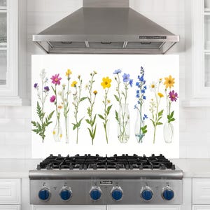 Tempered Glass Backsplash, Botanical Backsplash, Stove Backsplash for Flowers Splashback for Stove Back Cover, Backsplash Behind Stove