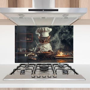 Painel de vidro temperado para cozinha com desenho de gato chef engraçado