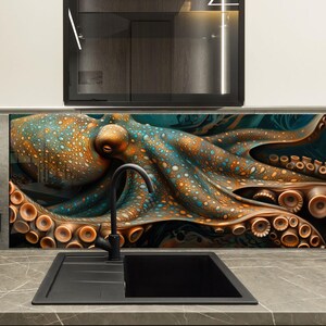 Artistic Octopus Tempered Glass Kitchen Backsplash – Elegant Tentacle Spiral Stove Cover Splashback Wall Art
