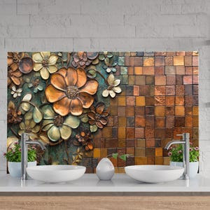 Tempered Glass Kitchen Backsplash, Copper Flowers Backsplash,  Floral Splashback Stove Back Cover, Backsplash Behind Stove
