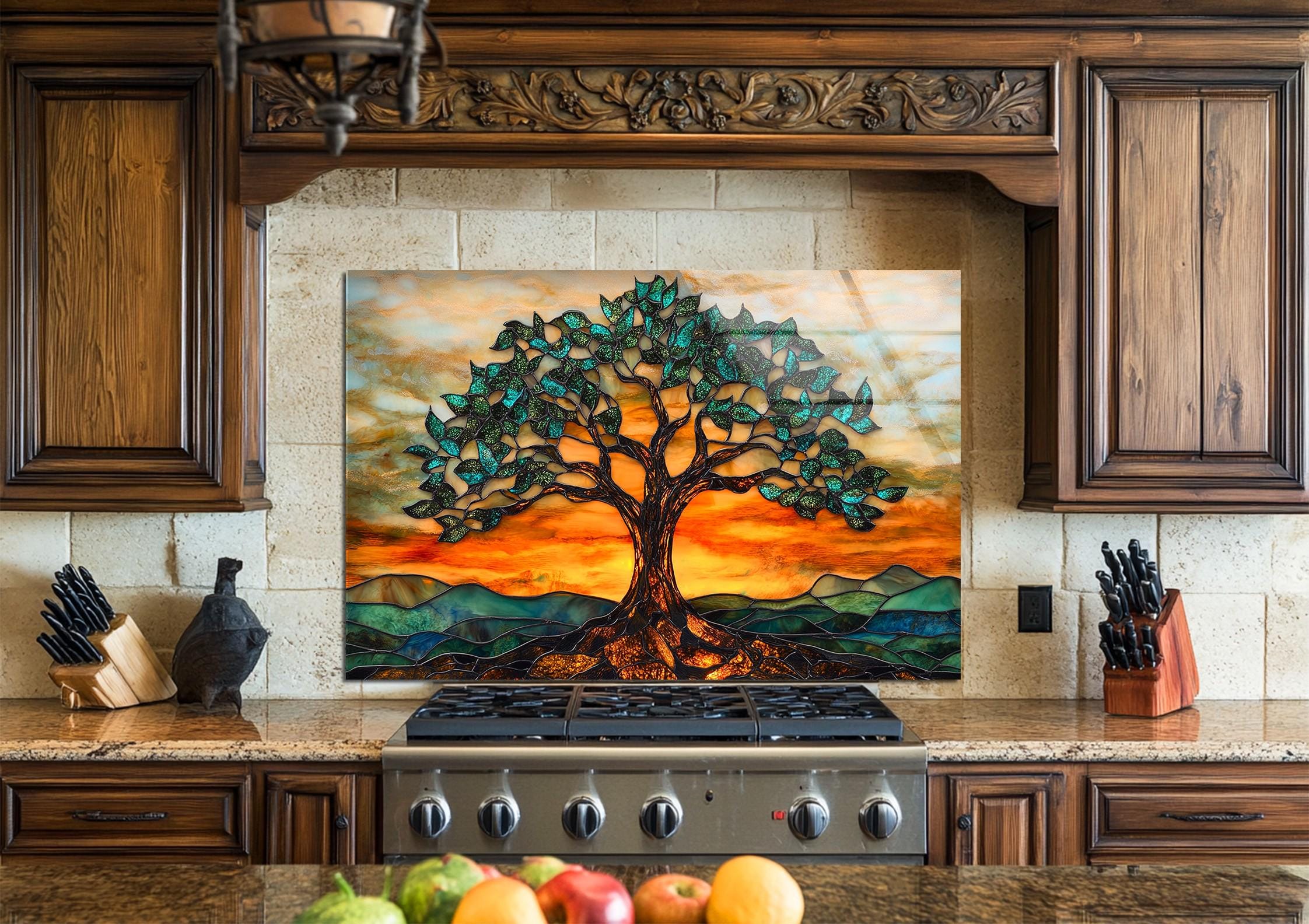Tree of Life Stained Life of Tree Tempered Glass Backsplash Tile ...