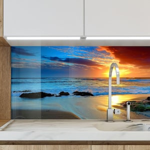 Tropical Sea View Tempered Glass Kitchen Backsplash