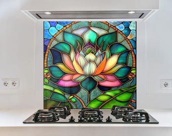 Lotus Glass Backsplash Panel, Stained Glass Style Tempered Glass Kitchen Splashback for Stove Wall, Zen Meditation Decor, Easy Clean