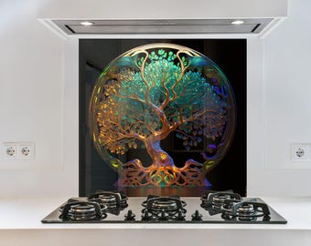 Tree of Life Tempered Glass Kitchen Backsplash: Heat Resistant Stove Cover