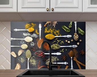 Kleurrijke kruidenlepels keukenachterwand en spatscherm van gehard glas – moderne kookkunst aan de muur, hittebestendige kachelafdekking