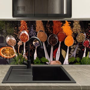 Tempered Glass Kitchen Backsplash, Spoon Spices Backsplash, Stove Backsplash for Kitchen Splashback for Stove Back Cover, Herbs Backsplash