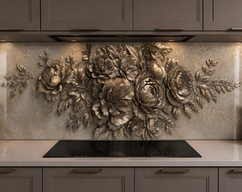Bronze Peony Tempered Glass Backsplash, Metallic Floral Relief Effect, Elegant Taupe Botanical Kitchen Splashback Panel