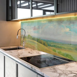 Pastel Landscape Glass Backsplash Panel, Tempered Glass Kitchen Splashback for Stove Wall, Farmhouse Countryside Decor, Easy Clean