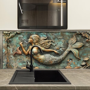 Panel de vidrio templado para salpicadero de cocina, diseño de sirena, para pared de estufa, decoración vintage de fantasía oceánica, fácil de limpiar.