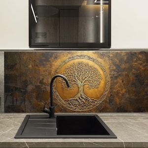 Tempered Glass Backsplash, Life of Tree Backsplash, Metal Backsplash for Golden Splashback for Stove Back Cover, Backsplash Behind Stove
