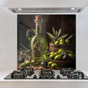 Olive Oil Splashback for Stove, Beautiful Tempered Glass Kitchen Kitchen Backsplash in Green, Functional and Chic