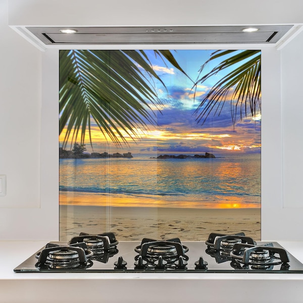 Tropical Beach Tempered Glass Kitchen Backsplash: Palm Tree Stove Cover