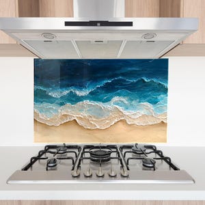 Ocean Wave Tempered Glass Stove Backsplash - Beach Kitchen Decor