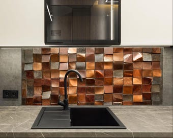 Tempered Glass Backsplash: Copper Cubes Mosaic Stove Splashback
