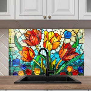 Red Tulip Tempered Glass Backsplash, Mosaic tile for Kitchen Stove Back Cover, Stained Splashback