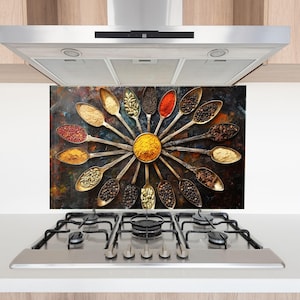 Tempered Glass Kitchen Backsplash, Spoon Spices Backsplash, Stove Backsplash for Kitchen Splashback for Stove Back Cover, Herbs Backsplash
