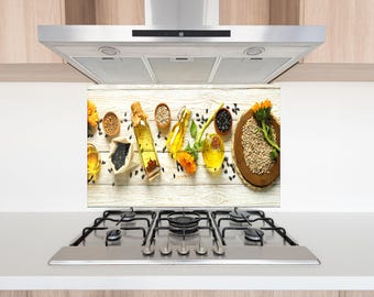 Kruidenlepels Gehard glas achterwand keuken en spatscherm – Kleurrijke kookkruiden muurkunst, hittebestendig fornuispaneel