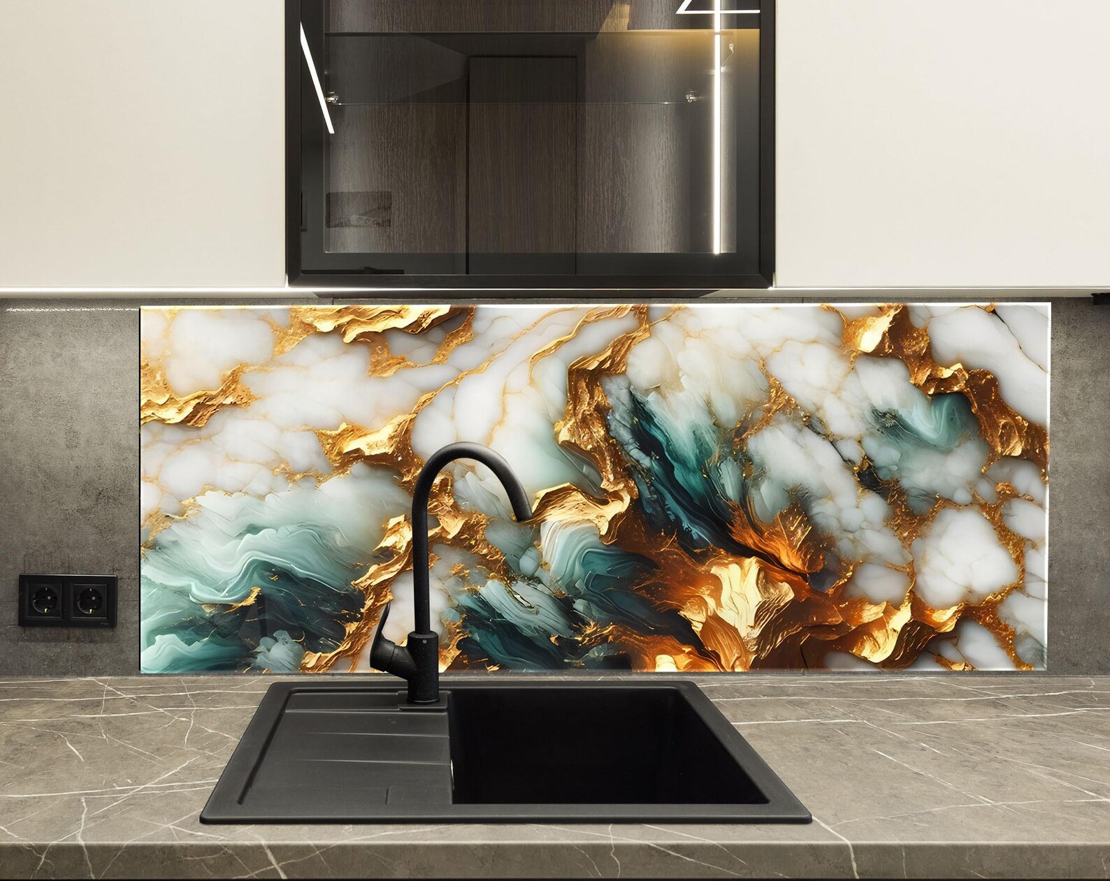Marble Glass Kitchen Backsplash – Abstract Gold Vein Tempered ...