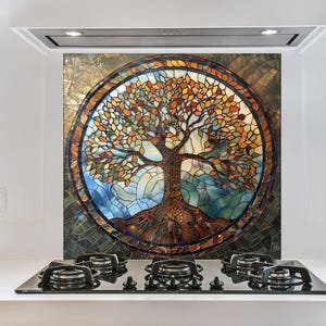 Backsplash de cozinha em vidro temperado, Backsplash com tema de vida de árvore, impressões em vitral para backsplash, backsplash de cozinha, backsplash atrás do fogão