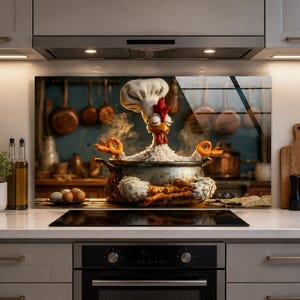 Meditating Chicken Chef Tempered Glass Backsplash, Funny Kitchen Wall Panel with Cooking Pot, Eggs and Copper Pans