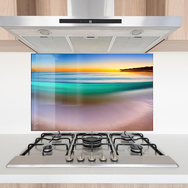 Tropical Island Glass Backsplash Splashback – Turquoise Ocean Beach Wall Art, Heat Resistant Kitchen Splashback Panel