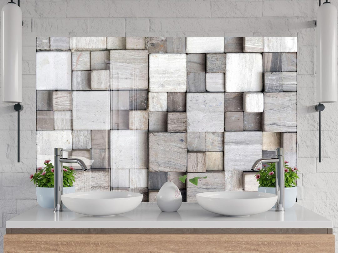 Tempered Glass Kitchen Backsplash: Stone Blocks Glass Splashback for ...