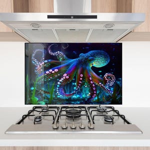Pannello paraschizzi in vetro colorato a forma di polpo, paraschizzi da cucina in vetro temperato per parete della stufa, decorazione subacquea con motivo oceanico, facile da pulire