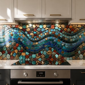 Turquoise Mosaic Style Glass Backsplash, Colorful Wave Kitchen Splashback Tile, Jewel Tone Stove Back Panel