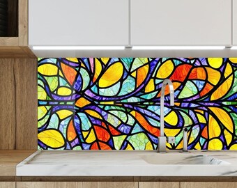 Abstract Stained Glass Wave Tempered Glass Kitchen Backsplash – Colorful Modern Stove Splashback Wall Art
